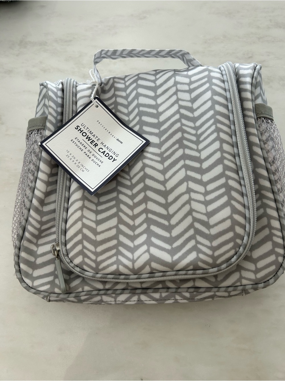 Pottery Barn Dorm Ultimate Hanging Shower Caddy Grey White Chevron NWT